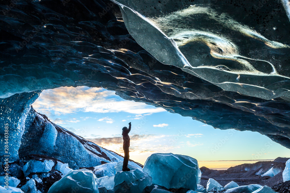 Glacial Ice Cave, Svinafellsjokull glacier, Skaftafell National Park, Iceland - obrazy, fototapety, plakaty 