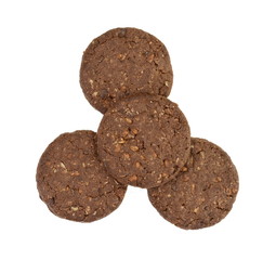 Wall Mural - Round chocolate whole wheat biscuit, cookie with raisins isolated on white background. Chocolate Biscuits with whole-wheat (wholemeal) flour isolated on white background 