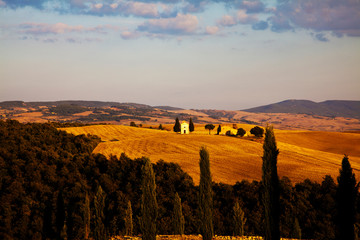 Poster - Church of Capella de Vitaleta after autumn harvest.