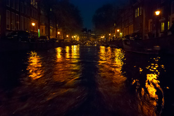 Poster - View of Amsterdam canal at night