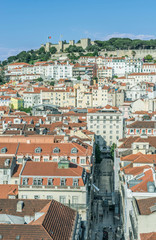 Wall Mural - Portugal, Lisbon, Baixa Rooftops and Sao Jorge Castle from Santa Justa Lift (Elevador Santa Justa)