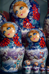 Canvas Print - Russia, Volga-Baltic Waterway, Goritzy. Russian souvenir matryoshka dolls.