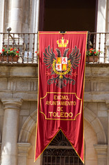 Sticker - Spain, Castilla-La Mancha,Toledo. Toledo decorated for the annual Corpus Cristi festival, Toledo's most important festival. Traditional banners hanging from balconies.