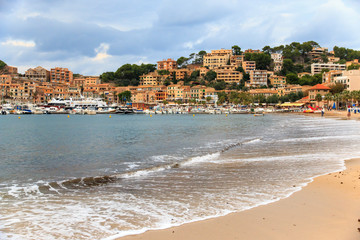 Canvas Print - Spain, Balearic Islands, Mallorca, Port of Soller, harbor, historical waterfront, shops, beach.