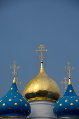 Sticker - Russia, Golden Ring (aka Zolotoe Koltso), Sergiyev Posad (aka Sergiev), formerly Zagorsk. Trinity Monastery of St. Sergius. Blue domes of the Cathedral of the Dormition (1559-1585). 