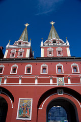 Sticker - Russia, Moscow, Red Square. Voskresenskie Gate (aka Resurrection Gate), golden double-headed eagles on top of tower, symbol of Russia.