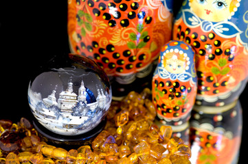 Sticker - Russia, Russian handicrafts. High quality traditional painted round lacquer box, amber & matryoshka dolls. 