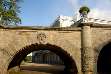 Canvas Print - Russia, St. Petersburg, Catherine's Palace (aka Bolshoi Yekaterinsky Dvorets). Garden bridge with face.