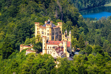  Aerial Scenic View Of Hohenschwangau Castle, Germany. Landscape With Castle And Lake In Alps.