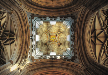 England, Canterbury. This intricate ceiling is directly above the Bell Harry Tower of Cathedral, a World Heritage Site, Canterbury, Co. Kent, England.