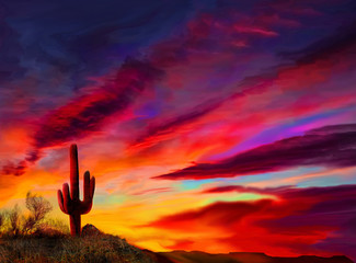 Arizona sunset, a Saguaro cactus highlighted by the setting sun landscape.