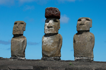 Poster - Chile, Easter Island, Hanga Nui. Rapa Nui National Park, Ahu Tongariki. Fifteen large moai statues on the largest ceremonial platform in all of Polynesia. Moai with pukao (headdress). UNESCO