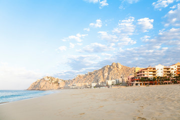 Sticker - Cabo San Lucas, Baja California Sur, Mexico - An exterior view of a tropical resort on the beach.