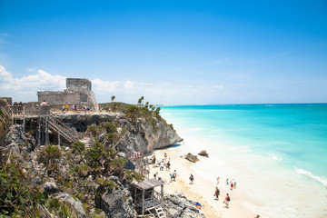 Sticker - Cancun, Quintana Roo, Mexico - Ruins on a hill overlooking a tropical beach.