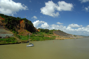 Sticker - Central America, Panama, Panama Canal. Samll boats exploring the Gamboa & Gatun Lake area. Gaillard aka Culebra Cut.