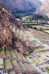 Sticker - South America - Peru. Terraces of Inca fortress on hill overlooking village of Ollantaytambo in Sacred Valley of the Incas.