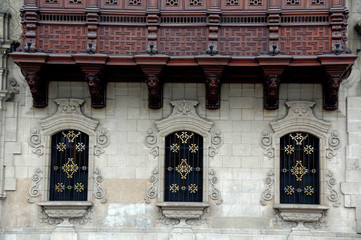 Sticker - Peru, Lima. Historic Plaza de Armas (aka Plaza Mayor). Moorish style balcony of the Archbishop's Palace, detail.