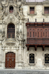 Sticker - Peru, Lima. Historic Plaza de Armas (aka Plaza Mayor). Moorish style wooden balcony of the Archbishop's Palace.