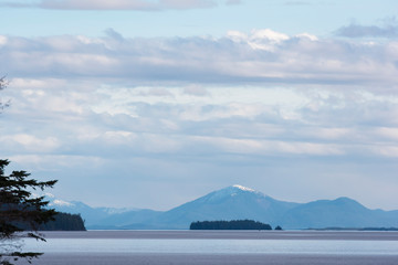 Sticker - US, Alaska, Ketchikan, Calm scenic across Tongass Narrows from Revillagigedo Island to Taigas Mountain on Annette Island.