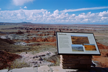 Canvas Print - North America, USA, Arizona, Petrified Forest National Park. Painted Desert, Badlands overlook, sign.