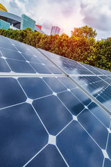 Wall Mural - ecological energy renewable solar panel plant with urban landscape landmarks