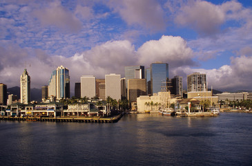 Canvas Print - Famed Aloha Tower is a hallmark at Honolulu harbor.