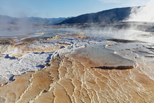 View Across Top Of Canary Spring At Sunrise, Mammoth Hot Springs, Yellowstone National Park (Montana, Wyoming)