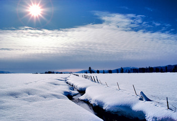 Sticker - USA, Oregon, Klamath Co. The winter sun casts long shadows on a snow field in Klamath County, Oregon.