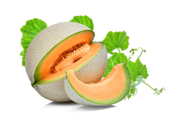 Wall Mural - whole and sliced cantaloupe melon with leaf isolated on white background