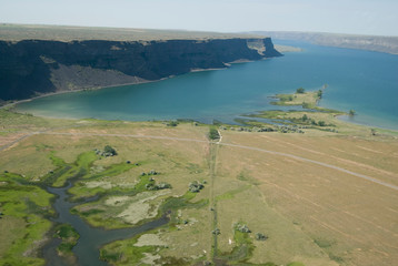 Sticker - US: Washington, Columbia River Basin, aerial view from helicopter of Banks Lake and Steamboat Rock