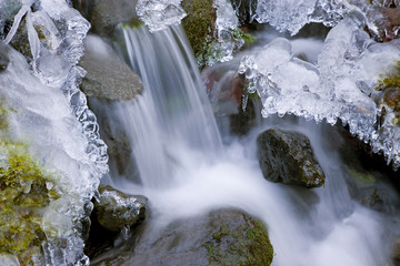 Sticker - USA, Washington, Olympic National Park. Icy winter waterfall in Dosewallips River Valley. 