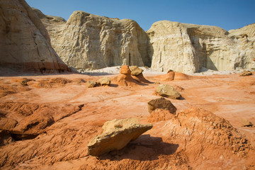 Wall Mural - Utah, Grand Staircase Escalante NM, The Toadstools, an area of Entrada sandstone columns and Dakota capstones, Dakota formation boulders