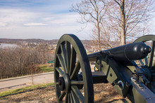 Parkersburg, West Virginia. Historic Fort Boreman Park. Replica Of Civil War Canon. Important Union Strategic Site, Built In 1863 Named For Governor Arthur Boreman