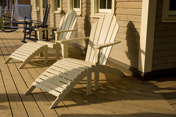 Wall Mural - NA, USA, Washington State, Pacific Beach, Seabrook, chaise lounge chairs on porch of house 