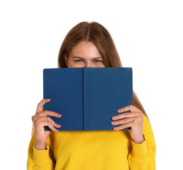 Sticker - Beautiful young woman with book on white background. Reading time