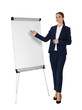 © New Africa - Professional business trainer near flip chart board on white background. Space for text