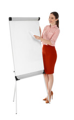 Sticker - Professional business trainer near flip chart board on white background. Space for text