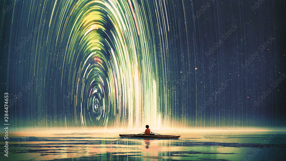 boy rowing a boat in the sea of the starry night with mysterious light, digital art style, illustration painting - obrazy, fototapety, plakaty 