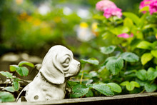 Old Dog Statue Stands In The Urban Garden In Town