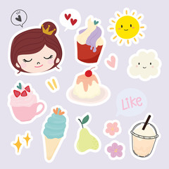 Wall Mural - Set of cute dessert, fun fruit stickers  ,colorful badges design vector.