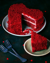Heart Shaped Red Velvet Cake On Dark Background Slide Aside