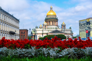 Poster - Saint Petersburg, Russia - August, 13, 2019: Saint Isaac Cathedral in Saint Petersburg, Russia and flowers on the frontground