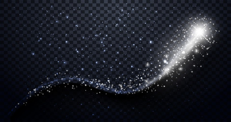 Poster - White particles wave. Sparkle stardust. White glittering magic vector waves with gold particles isolated on black background. Elegant Shimmer  wave design. Glitter particles. Magic fairy dust. Vector