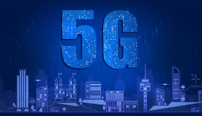Wall Mural - 5G technology with circuit board is background. 5G network wireless systems and Smart city communication network, connect global wireless devices. Vector illustration