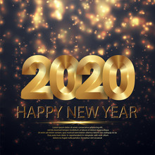 NYE (New Year Eve) 2020. Happy New Year 2020 Winter Holiday Greeting Card Design Template. Party Poster, Banner Or Invitation Gold Glittering Stars Falling Snowflakes Glitter Decoration. Xmas, Vector