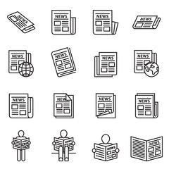 News publish, newspaper icon set with white background. Thin line style stock vector.