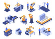 © Tartila - Isometric industrial robots. Assembly line machines, robotic arms with engineer workers and manufacturing technologies. Mechanic industry factory scanner. Isolated 3d vector icons set