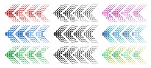 Halftone Arrows. Color Web Arrow With Dots. Colorful Dotted Moving Forward And Download Symbols. Direction Signpost Gradient Arrows Web Logo. Isolated Colorful Vector Icons Set