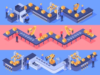 Wall Mural - Isometric industrial factory automated line. Packaging conveyor equipment, automation line and industry factories. Automated conveyor system, manufacturing or assembly plant vector illustration