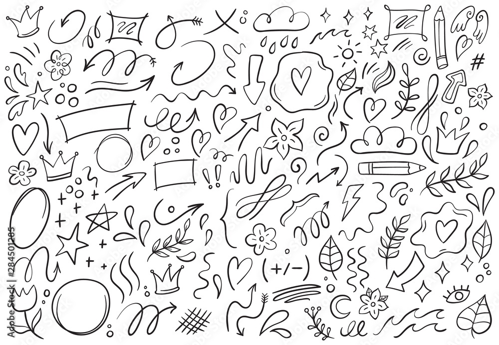 Decorative doodles. Hand drawn pointing arrow, outline shapes and doodle frames. Ink signs decoration ornament, line curved arrow, heart and circle sketch isolated vector illustration symbols set - obrazy, fototapety, plakaty 